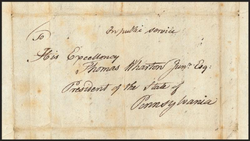 Jonathan Smith.> Signer of Articles of Confederation, folded letter addressed to <is Excellency Thomas Wharton Junr. Esq., President of the State of Pennsylvania>>, datelined <<Lancaster Decr. 22, 1777>>,
contents read in part < am happy to