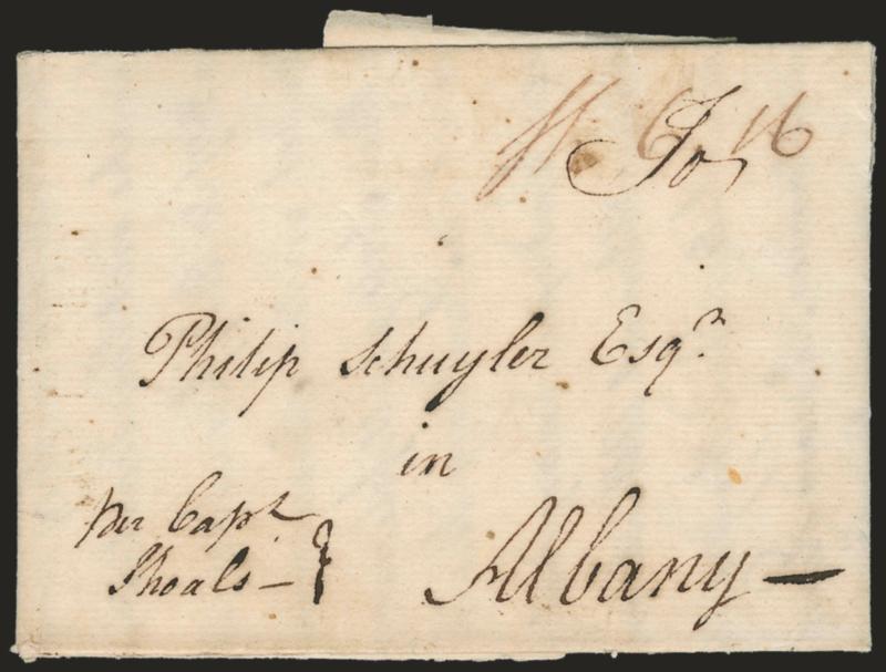 Kingston, Jamaica, 16 June 1761.> Dateline on folded letter addressed to <<Philip Schuyler Esq. in Albany>> (New York) and endorsed <<per Capt. Shoals>> (an unfortunate name for a ships captain), ^NEWYORK^
two-line backstamp, also with ms.