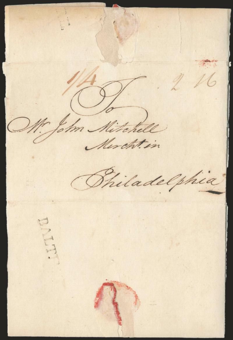 BALTIMORE.> Part strike of straightline handstamp on bottom flap of folded letter datelined <alto. 2d July 1774>> and addressed to Philadelphia, ms. 14 and 2 16 (2dwt 16gr) rates, cleaned and silked, otherwise
Fine