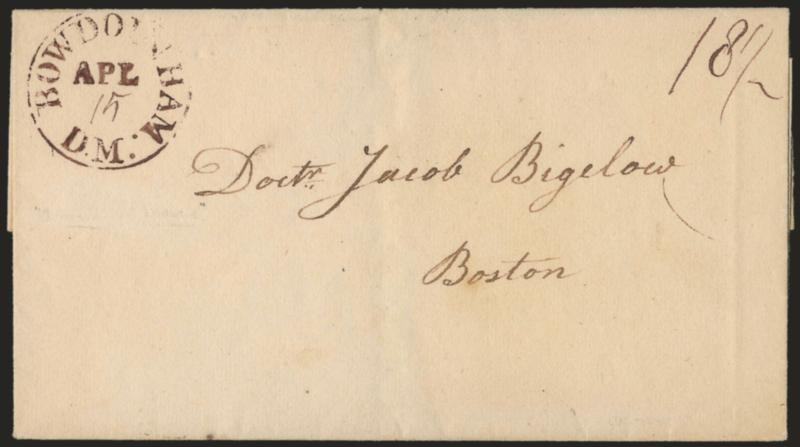 Bowdoinham D.M. Apl. 15.> Brown circular datestamp with day in ms. on folded cover to Boston, ms. 18-12 rate, fresh and Very Fine usage from District of Maine prior to statehood