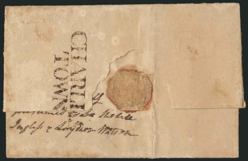 CHARLESTOWN.> Brownish two-line handstamp on back of 1772 folded cover to Samuel Johnston at Edenton N.C., ms. 1N and 19, even toning, small piece out of back where wax seal removed, still
Fine