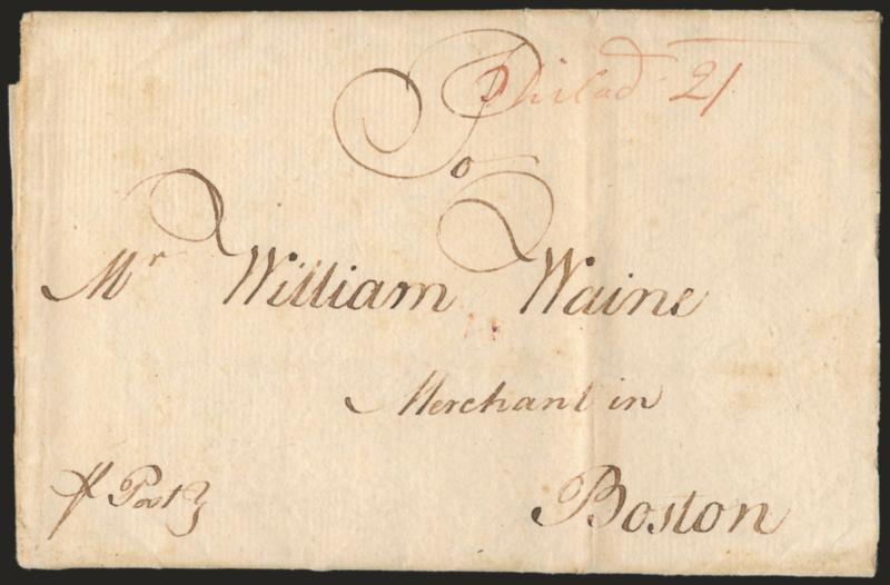 Choptank Maryland 17th July 1762.> Dateline on folded letter addressed to Boston, red Philad 2 ms. postmark and 2sh rate, interesting slave-related contents < have sold all the slaves but six which will be sold
at public sail the 21 of this i