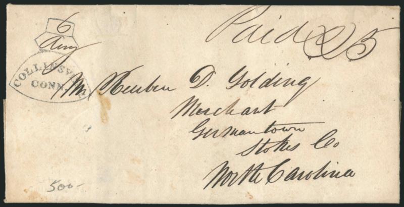 Collinsville Conn. 6 Aug.> Neat strike of <axe-framed> handstamp with date in ms. and matching Paid 25 on 1833 folded part-printed <circular for Collinsville Axes> charging $2 per dozen, to Germantown N.C.,
Very Fine strike, especially desirable wi