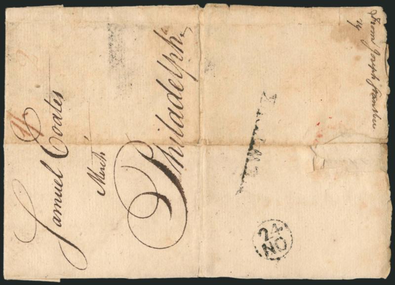 NEW YORK.> Partial strike of straightline handstamp with bold 24NO Franklin mark struck on bottom flap of 1773 folded letter to Philadelphia, ms. 1- and 2 (dwt) rates, some wear incl. vertical file fold, still
Very Fine example of this Britis