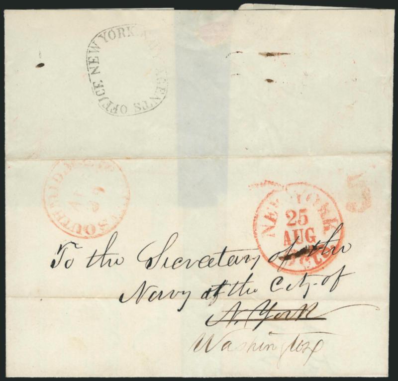 New York Navy Agents Office.> Clear strike of oval backstamp on 1848 folded cover addressed to Secretary of the Navy in Washington (originally addressed to N.Y.), indistinct red circular datestamp, also with
red New-York 5cts. Aug. 25 circular dat
