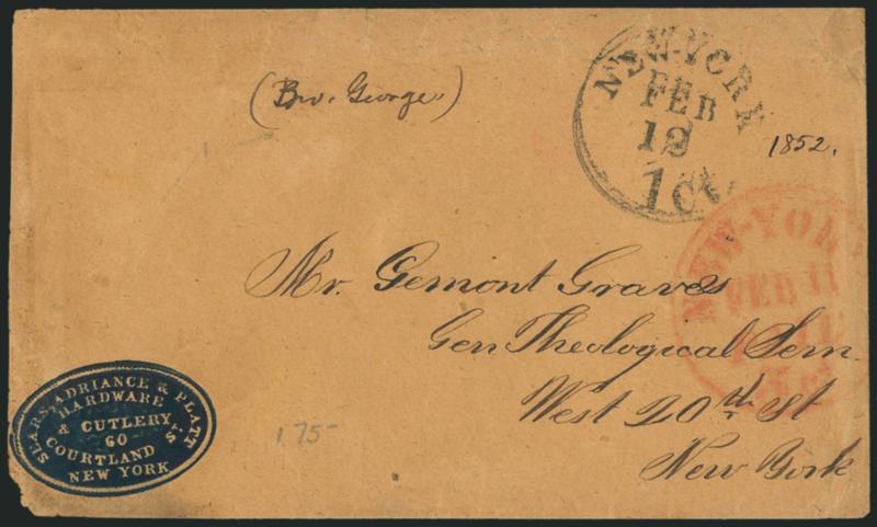 New-York 1ct. Feb. 12.> Neat strike of black drop-rate datestamp and red New-York Paid 3cts. Feb. 11 integral-rate circular datestamp on buff cover with <hardware and cutlery dealers corner card> at bottom
left, addressed to General Theological Se