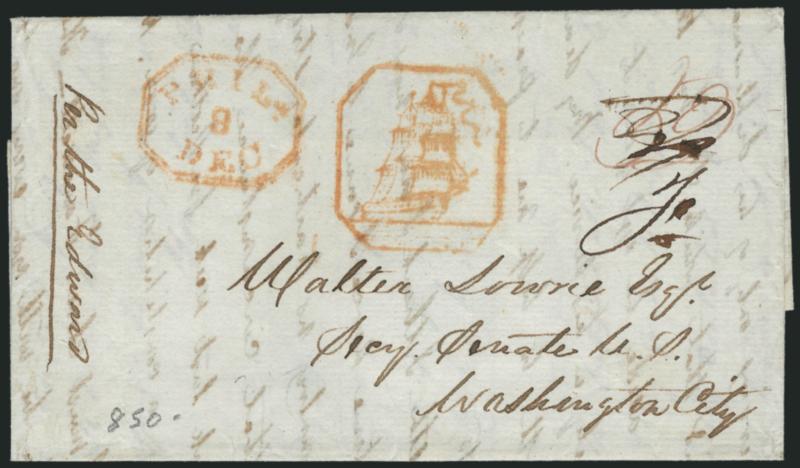 Philadelphia Full-Rigged Ship.> Exceptionally clear strike of this wonderful pictorial handstamp in red with matching Phila. Dec. 8 octagonal double-line datestamp on 1834 folded letter to Walter Lowrie,
Secretary of the U.S. Senate in Washington D