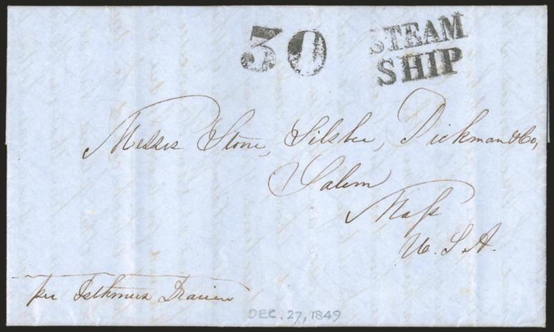 Valparaiso to Salem Mass.> Blue 1849 folded letter datelined <<Valparaiso Dec. 27, 1849>> to Salem Mass., bold 30 and SteamShip handstamps applied at New York, <Forwarded by Zachrisson, Nelson & Co, Panama>
oval backstamp, fresh and Very Fin
