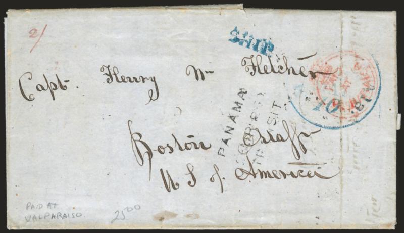 Paid at Valparaiso.> Red British crown-circle handstamp on 1850 folded letter to Boston Mass., blue Mobile Ala. 10 16 May integral-rate circular datestamp with matching Ship handstamp, ms. 2 at top left,
Valparaiso and Kingston, Jamaica backst