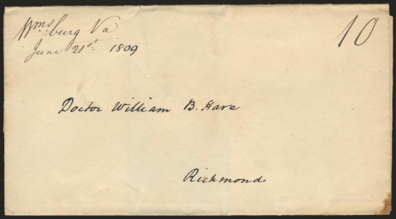Williamsburg Va.> 19, early 1800s, each with ms. town mark, mostly to Richmond with a few to Warminster, Norfolk and others, ms. rates incl. 10, 12.5, 17, 18, 18.5 and 30, couple with some slight wear but
condition overall Very Fine