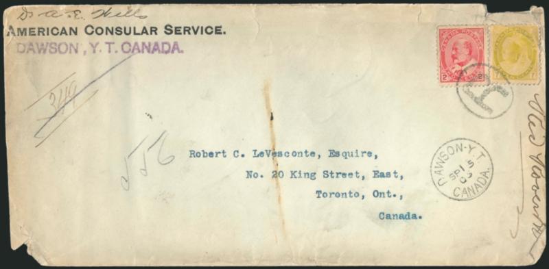 American Consular Service, Dawson, Y. T. Canada.> Corner card on legal-size cover to Toronto, Canada, bearing Canada 2c and 7c stamps, back of cover with perfect American Consulate seal, some wear and edge
faults, still Fine, scarce usage from the Am