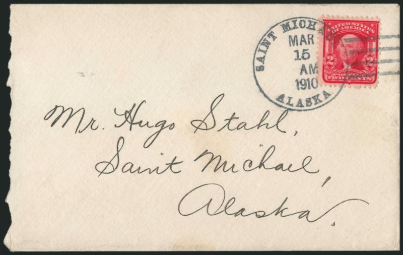 Alaska Territorial Usages.> Three, incl. No. 319 tied by Unalakleet, Alaska Jul. 4, 1912 circular datestamp to St. Michael Alaska another with same stamp tied by Saint Michael, Alaska Mar. 15, 1910 duplex and
used locally last is 1c used on pos