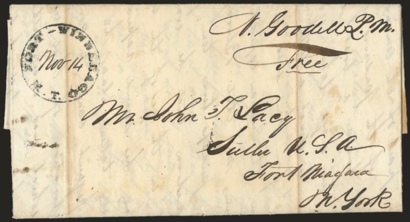 Fort Winnebago M. T. Nov. 14.> Clear strike of circular datestamp with date in ms. on 1833 folded letter to Fort Niagara in N.Y., postmasters free frank at top right, vertical file folds, Very Fine strike of
this Michigan territorial marking