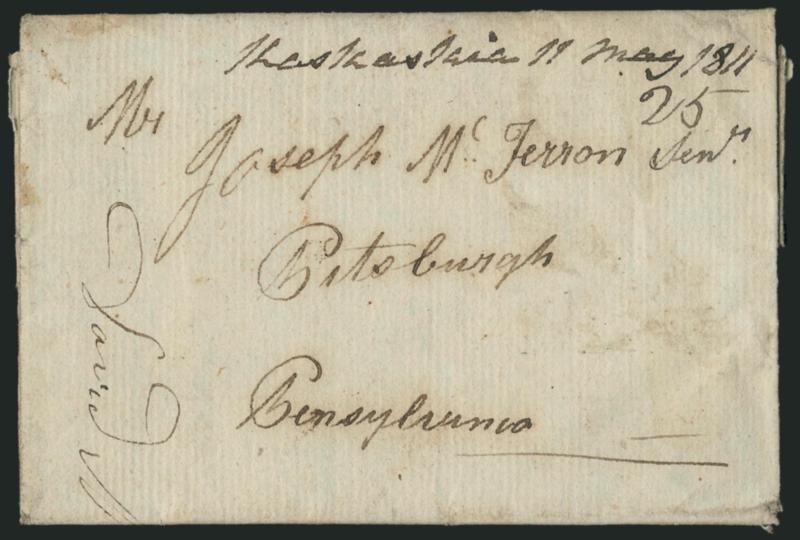 Kaskasia 11 May 1811.> Ms. pmk. with matching 25 rate on folded letter to Pittsburgh Penn., fresh and Very Fine, Kaskasia was the capital of Illinois during the territorial period and also for two years after
statehood, a flood eventually destroy