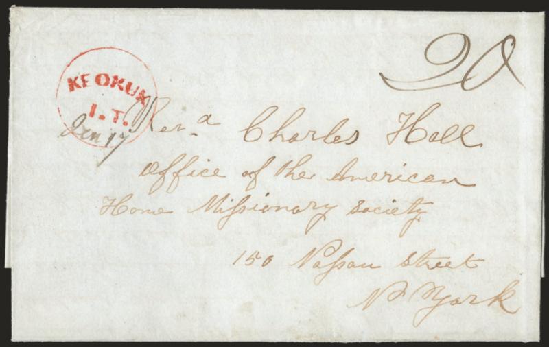 Keokuk I. T. Jan. 19.> Red circular datestamp with date in ms. on 1846 folded letter to New York, ms. 20 rate, fresh and Very Fine