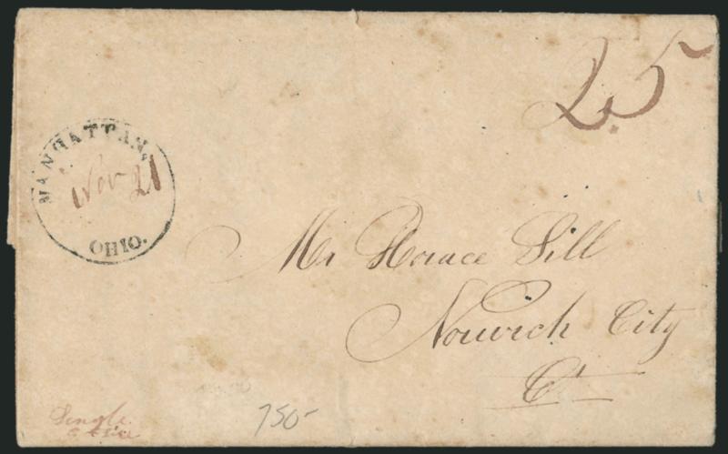 Manhattan Ohio Nov. 21.> Clear strike of circular datestamp with date in ms. on 1836 folded letter to Norwich Conn., ms. 25 rate, some slight wear, Very Fine, scarce usage from Michigan Territory