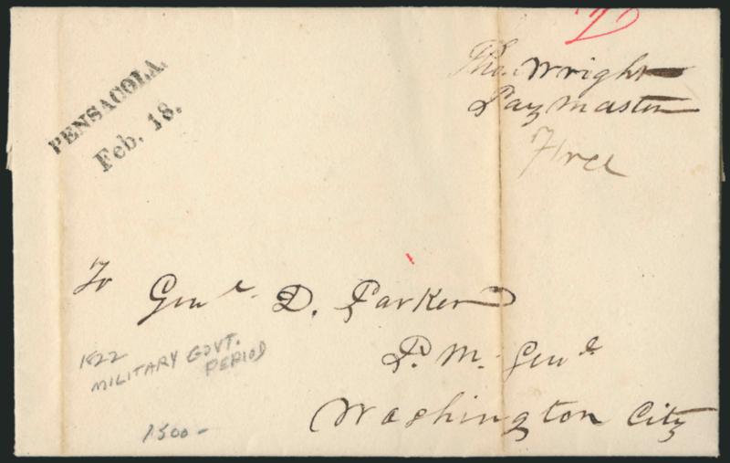PENSACOLAFeb. 18.> Neat strike of two-line handstamp with ms. <<Pho. Wright Pay Master>> and <<Free>> on 1822 folded letter to Washington D.C., light vertical file folds, gently cleaned, Very Fine strike used
during American Military Government