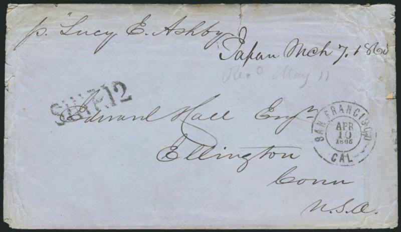 Japan Mch. 7, 1865.> Ms. origin notation on blue cover to Ellington Conn., endorsed <<p. Lucy E. Ashby>> and with San Francisco Cal. Apr. 10, 1865 double-circle datestamp and Ship 12 handstamp, embossed W & Co.
Japan on top flap, some edgew