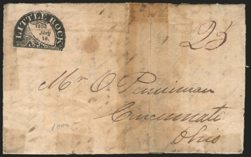 Territorial Stampless Covers.> An outstanding collection of 32 folded letters plus two with stamps, numerous highlights starting with <Little Rock Ark. Fancy Shield in Semicircle,> five Natchez, Mississippi
Territory markings incl. two with Natche