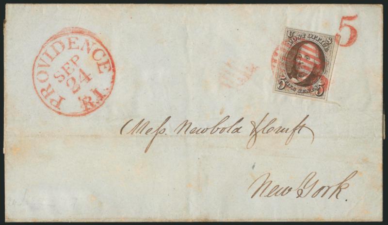 5c Dark Brown (1a).> Large to huge margins, beautiful dark shade and early impression, tied by vivid red grid, matching <5 rate handstamp> struck twice on stamp (one tying), matching Providence R.I. Sep. 24
circular datestamp on 1847 folded lette