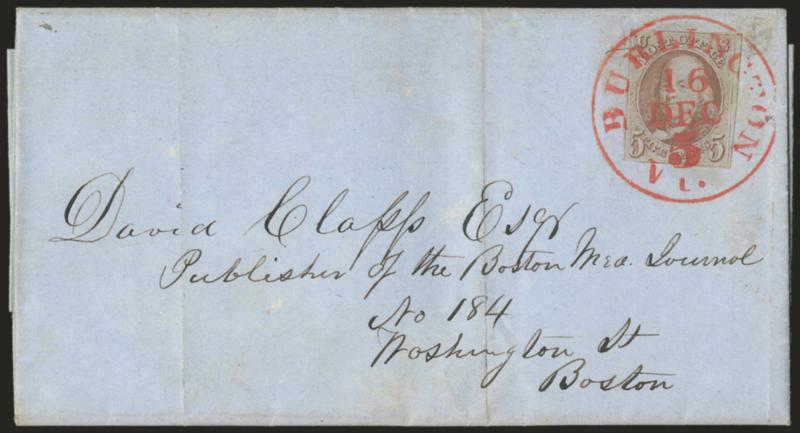 5c Red Brown (1).> Large margins to in, bright shade, tied by perfect strike of paint-red Burlington Vt. 5 Dec. 16 integral-rate circular datestamp on blue 1850 folded letter to Boston, light vertical file
folds do not affect stamp, Very Fine, an a