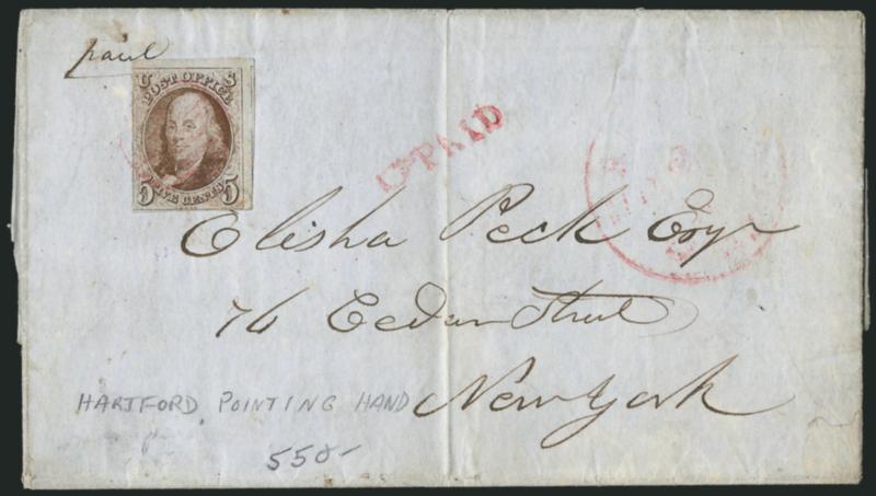 5c Red Brown (1).> Large margins to in incl. part of adjoining stamp at right, tied by <magenta> grid, matching <Paid with pointing hand> and also light strike of matching Hartford Conn. circular datestamp on
blue 1849 folded letter to New York, so