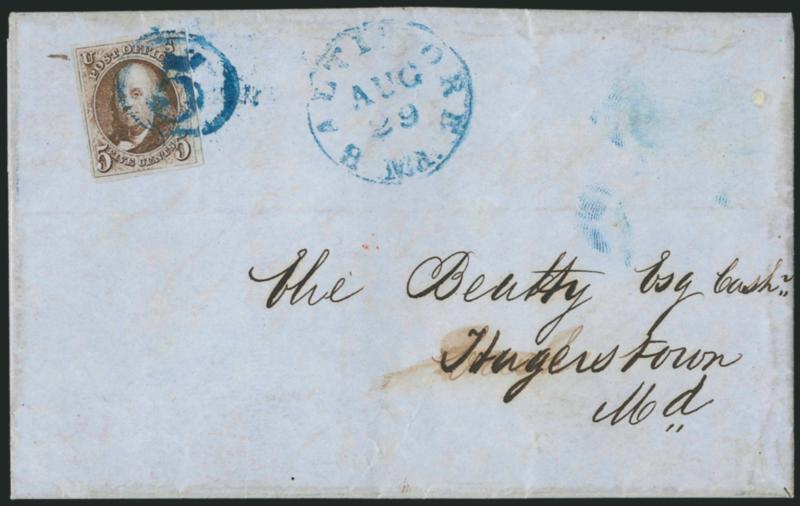 5c Red Brown (1).> Large margins all around, tied by <blue 5 in oval,> matching Baltimore Md. Aug. 29 circular datestamp on blue 1848 folded letter to Hagerstown Md., Very Fine