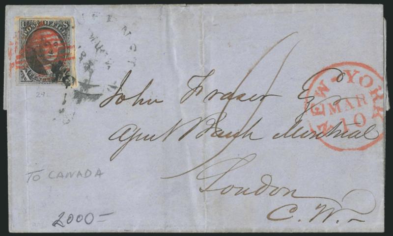 10c Black (2).> Large margins to full, tied by red square grid, matching New-York Mar. 10 circular datestamp on 1851 folded cover <to London, Canada West,> Hamilton and receiving backstamps, stamp with some age
spotting and also affected by vertica