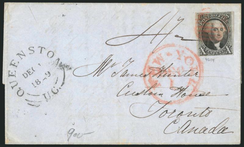 10c Black (2).> Three large to clear margins, in at bottom, tied by red grid, matching New-York Dec. 1 circular datestamp on 1849 folded letter <to Toronto, Canada,> Queenston transit, ms. 4-12 rate, fresh and
Fine