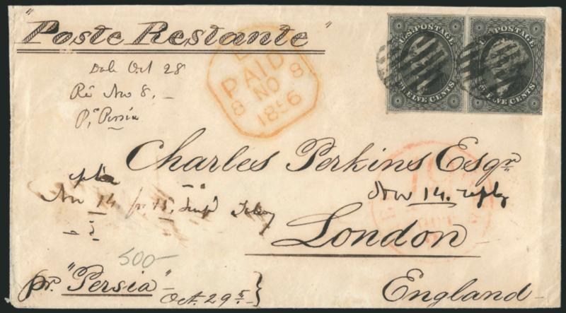 12c Black (17).> Horizontal pair, full margins to just in, tied by grids, red New York 19 Oct. 2? integral-rate circular datestamp on cover to Charles Perkins in <London, England,> 1856 London transit, some
wear, Very Fine
