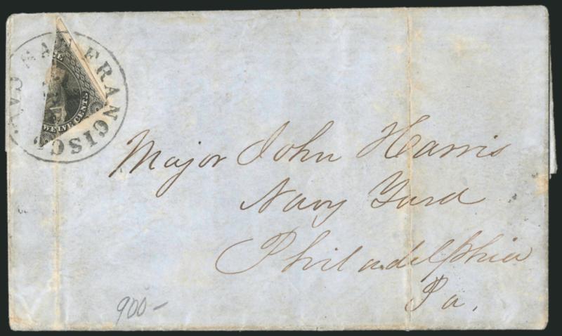 12c Black, Diagonal Half Used as 6c (17a).> Tied across the cut by San Francisco Cal. Apr. 4 circular datestamp on blue 1853 folded letter to Philadelphia, vertical file fold affects bisect, cover with some age
spotting, otherwise Fine