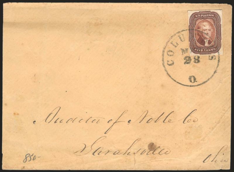1851 Issue Better Cover Balance.> A wonderful collection of 31 covers and two fronts, numerous highlights incl. No. 12 on reduced legal size cover used domestically from Columbus to Sarahsville O. (P.F.
certificate), No. 12 on cover front to Paris, N