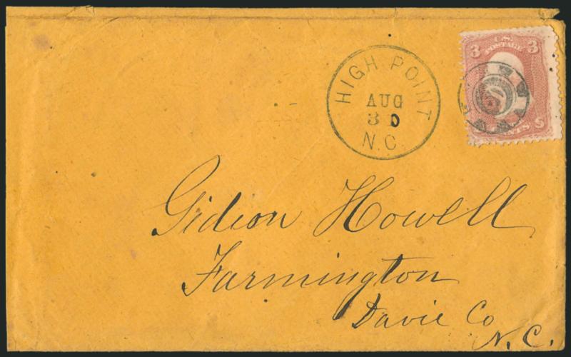 3c Rose (65).> Tied by well-struck <D in negative circle fancy cancel> on orange cover to Farmington N.C., neat High Point N.C. Aug. 30 circular datestamp, some slight edgewear, stamp with few perf flaws, Very
Fine strike of this desirable cancel
