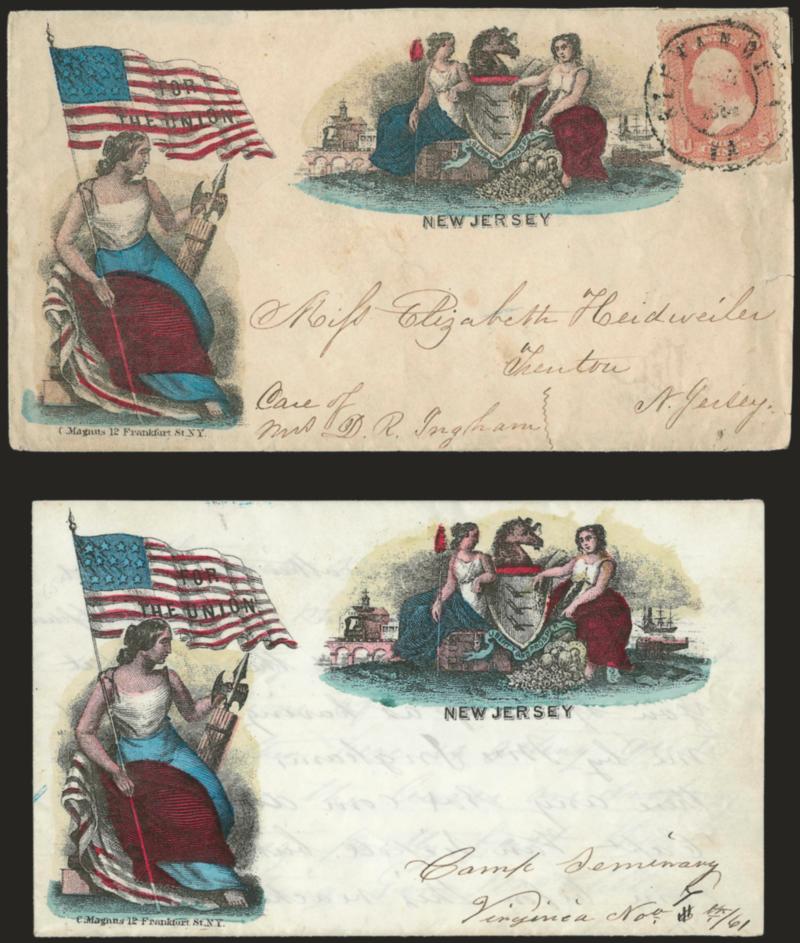 3c Rose (65).> Bright shade (almost appears to be Pink), tied by Alexandria Va. double-circle datestamp on <Magnus multicolored two-part New Jersey Patriotic> cover to Trenton N.J., with original enclosure, a
matching Magnus lettersheet datelined <