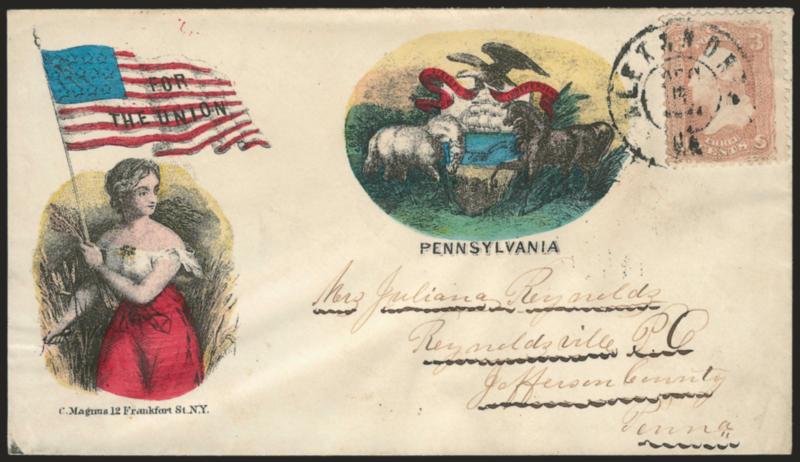 3c Rose (65).> Tied by Alexandria Va. Dec. 1?, 1861 double-circle datestamp on <Magnus multicolored two-panel For the Union Pennsylvania Patriotic> cover to Reynoldsville P.O. Pa., barely reduced at left, Very
Fine, colorful usage