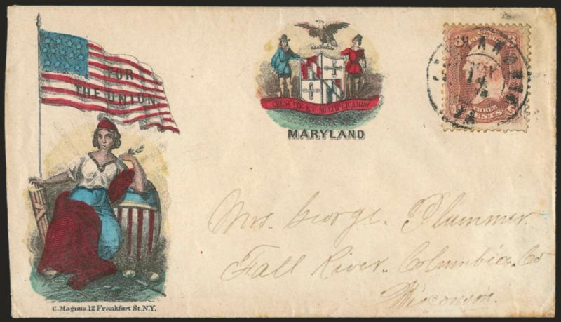 3c Rose (65).> Slight pre-use crease, tied by Alexandria Va. May 14, 1862 double-circle datestamp on <Magnus multicolored Liberty & Flag For the Union Patriotic> cover to Fall River Wis., Very Fine
