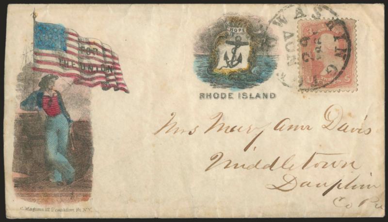 3c Rose (65).> Tied by Washington D.C. Nov. 29, 1861 circular datestamp on <Magnus multicolored two-panel For the Union, Rhode Island Patriotic> cover to Middletown Pa., barely reduced at left, overall soiling
and slight wear, otherwise Very Fine
