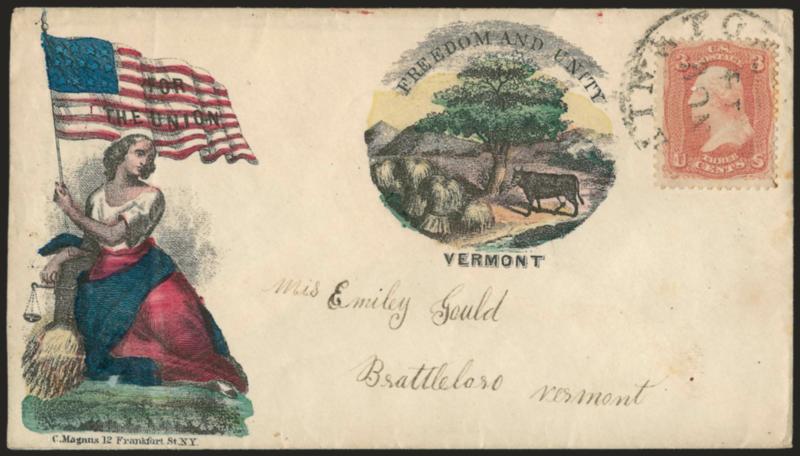 3c Rose (65).> Tied by Washington D.C. Nov. 14 circular datestamp on <Magnus multicolored two-panel For the Union, Freedom and Unity, Vermont Patriotic> cover to Brattleboro Vt., light soiling affects a few
perfs, bottom right corner perf expertl