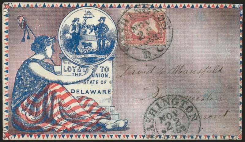 3c Rose (65).> Tied by Washington D.C. Nov. 22, 1862 double-circle datestamp on red and blue overall <Loyal to the Union, State of Delaware Patriotic> cover to Dunnerston Vt., some slight edgewear incl. small
corner mends at right, Very Fine
