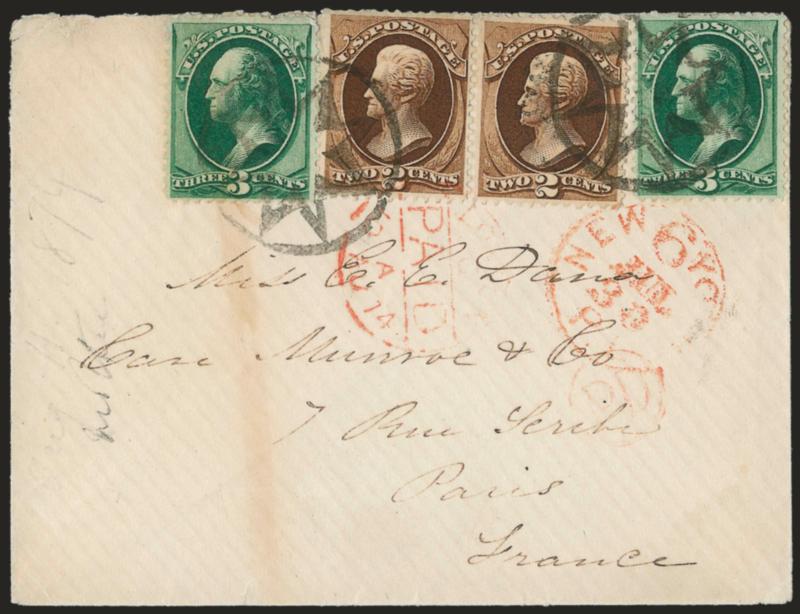 2c Brown, 3c Green (157, 158).> Two of each with the 2c flanked by the 3c stamps, tied by neat strikes of <New York Foreign Mail Star> cancel (Ty. ST-8P3) and red New York P.D. 6 Jul. 30 credit datestamp on
1874 cover <to Paris, France,> red London