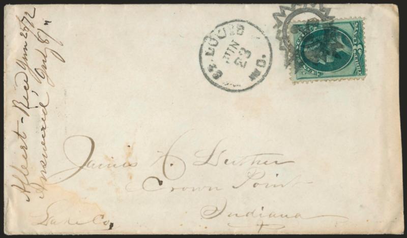3c Green (158).> Tied by <Sun Face fancy cancel,> matching St. Louis Mo. Jun. 23 circular datestamp on cover to Crown point Ind., 1872 docketing at left, some slight waterstaining at bottom left, Very Fine
strike of this desirable cancel
