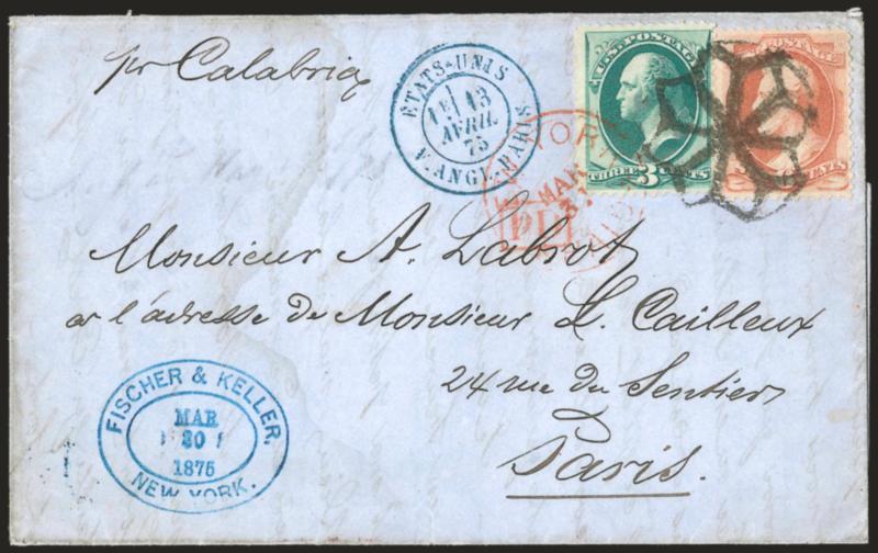 3c Green, 6c Dull Pink (158, 159).> Tied by well-struck <New York Foreign Mail Geometric> cancel (Ty. GE-EN3) and red New York Paid Mar. 31 circular datestamp on blue 1875 folded letter <to Paris, France,>
appropriate transits, some waterstaining,