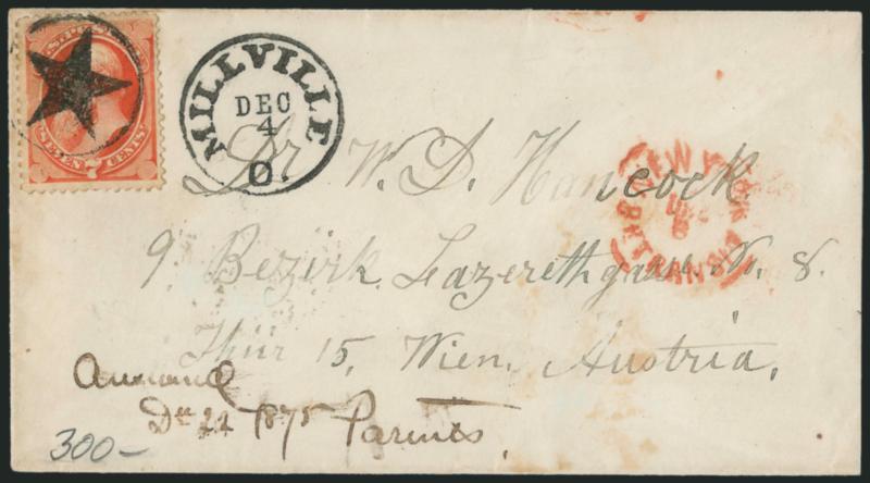 7c Orange Vermilion (160).> Tied by well-struck <Star in Circle> fancy cancel, matching Millville O. Dec. 4 circular datestamp on cover <to Vienna, Austria,> 1875 docketing at lower left, receiving backstamp,
Very Fine, ex Judd