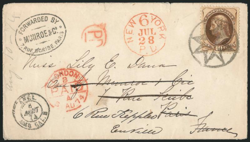 10c Brown (161).> Tied by perfect strike of <New York Foreign Mail Geometric> cancel (Ty. ST-8P3) on cover <to Paris, France and forwarded> within Paris, red New York P.D. 6 Jul. 28 credit datestamp, 1874
London and Calais transits, oval Forwarded