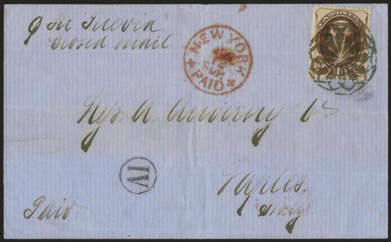 10c Brown (161).> Rich color, tied by perfect strike of <New York Foreign Mail Geometric> cancel (Ty. GE-EP3), red <New York Sup. Paid Jul. 12 Ty. E supplementary mail> circular datestamp on blue 1875 folded
cover <to Naples, Italy,> receiving back