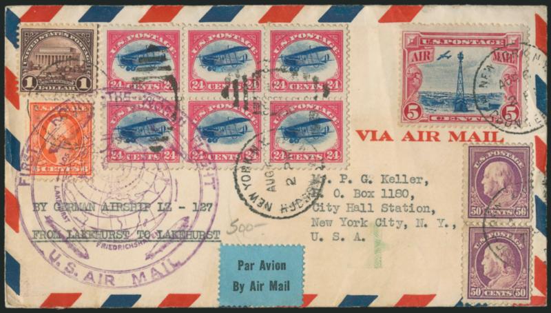 24c Carmine Rose & Blue, 1918 Air Post (C3).> Block of six, used with 5c Beacon, 6c, vertical pair of 50c and also $1.00 stamps, tied by New York N.Y. Hudson Terr. Sta. Aug. 6, 1929 duplex cancels on cacheted
cover, Lakehurst backstamp (Aug. 29), f
