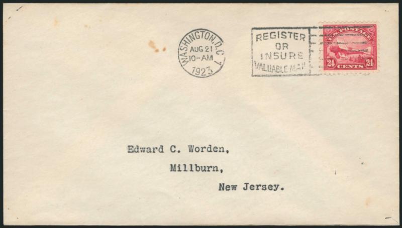 8c-24c 1923 Air Post (C4-C6).> Each tied by Washington D.C. <First Day> machine cancels on Worden covers to Millburn N.J., No. C6 few small toned spots away from stamp, Very Fine set