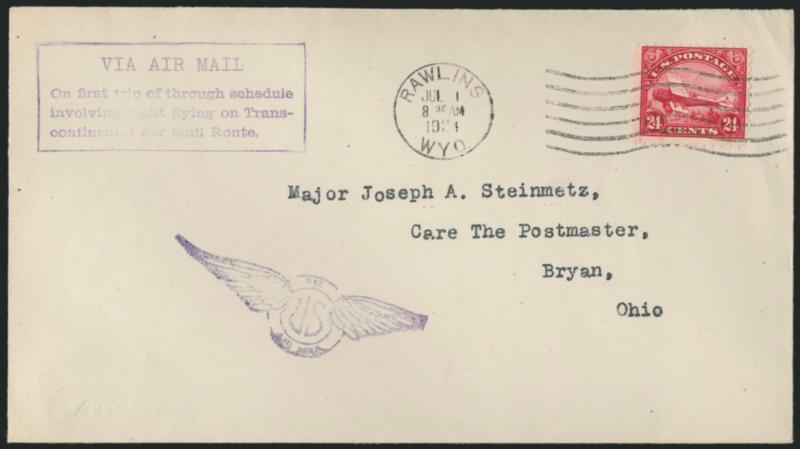 8c-24c 1923 Air Post (C4-C6).> Each tied on separate cover by July 1, 1934 machine cancels and used on First Night Flight along transcontinental route, 8c used at Reno Nev., 16c in North Platte Nebr., 24c at
Rawlins Wyo., each with appropriate cachet