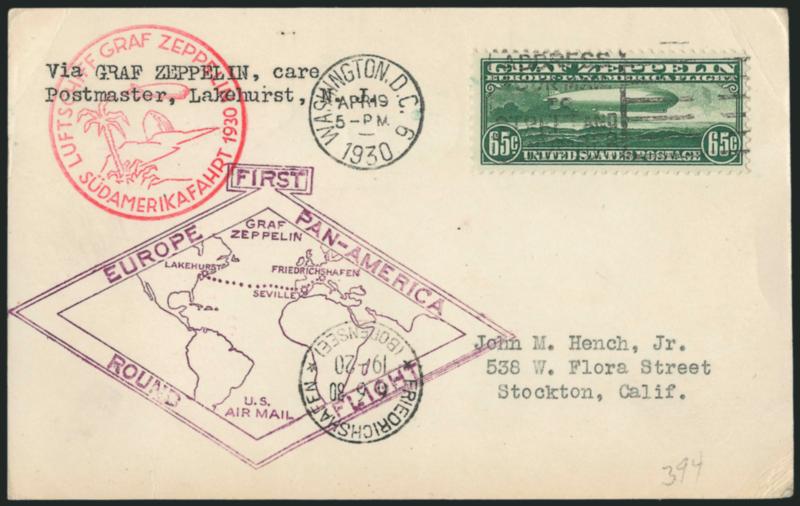 65c-$1.30 Graf Zeppelin (C13-C14).> Each tied by Washington D.C. Apr. 19, 1930 machine cancel on separate <First Day> card and cover, first with usual cachets and flown, second not flown, Fine-Very Fine, also
accompanied by No. C13 on small piece w