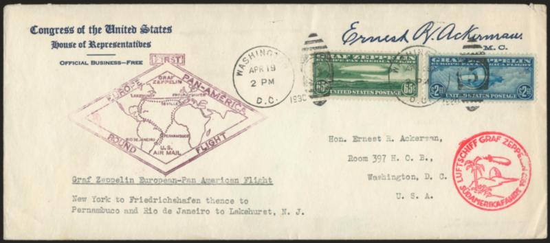 65c-$2.60 Graf Zeppelin (C13-C15).> Tied by Washington D.C. Apr. 19, 1930 <First Day> slogan or grid duplex cancels on oversize cacheted flown covers with Congress of the United States House of
Representatives---Official Business---Free corner ca